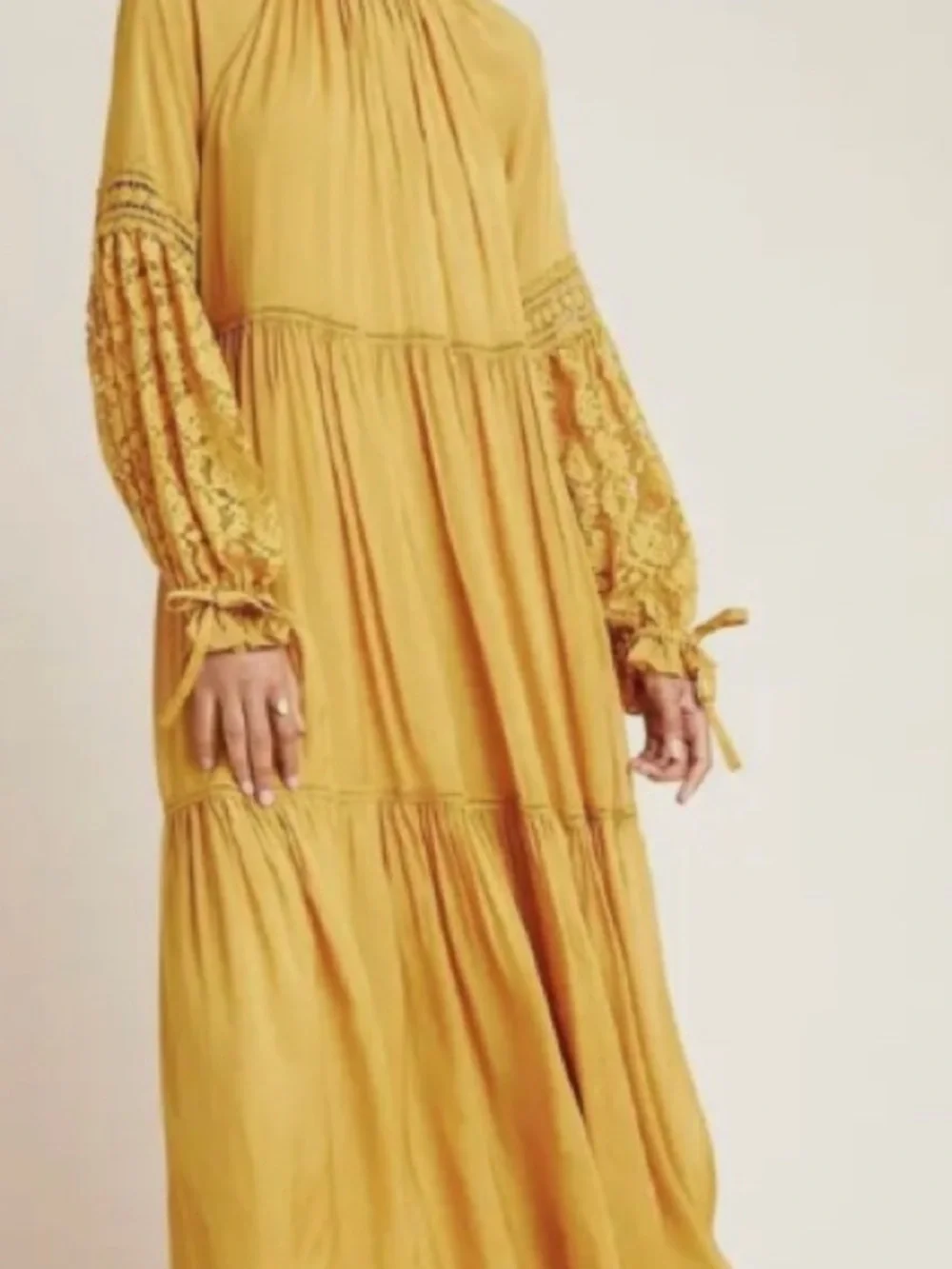 Anthropologie Atsu Aubriana Ruffled Mustard Yellow Lace-Sleeve Maxi Dress